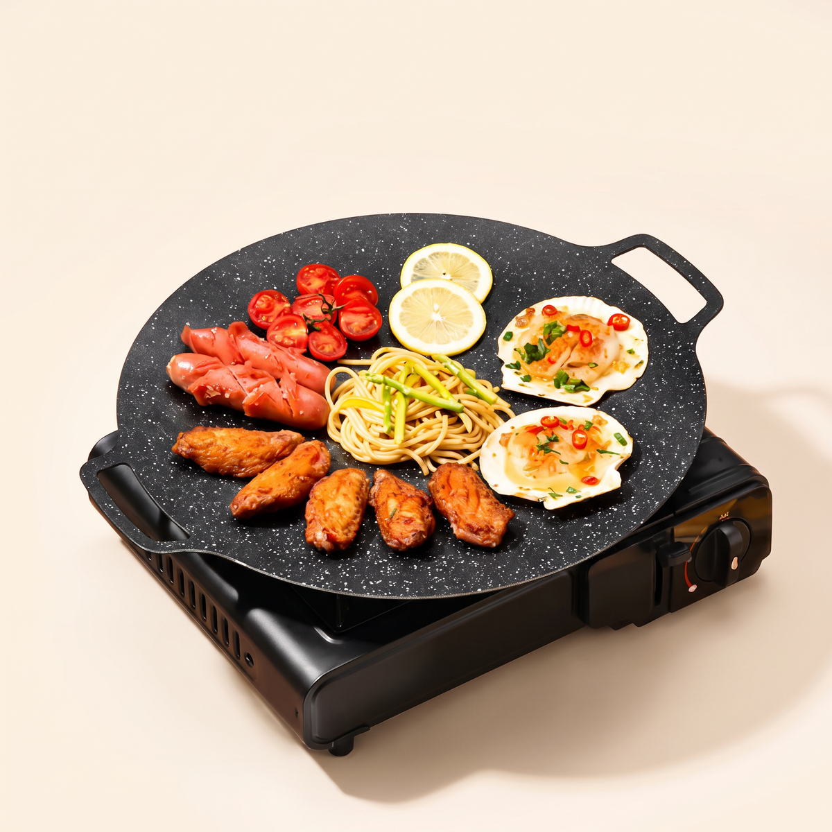 Plancha coreana para asados sobre cocinilla portátil