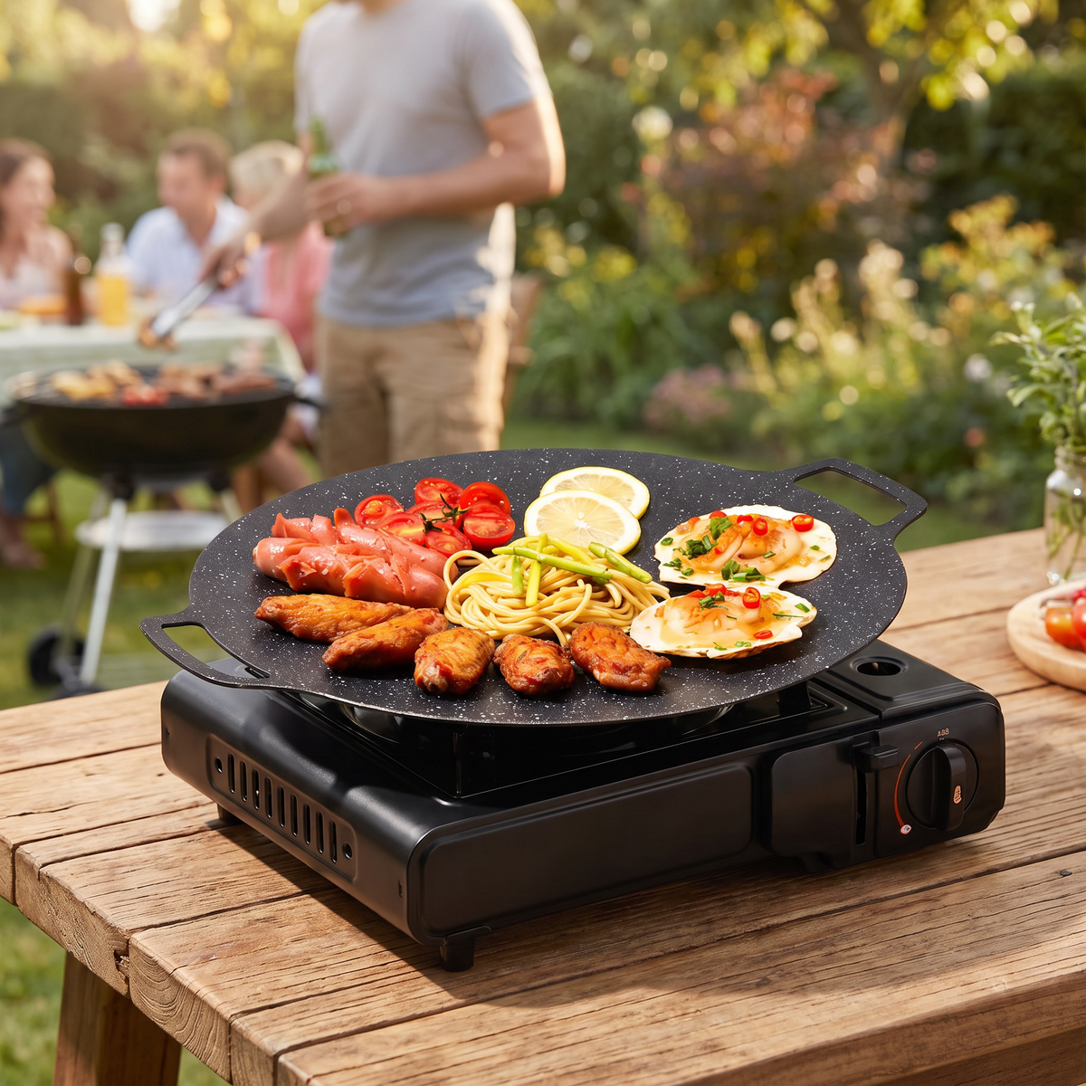Plancha coreana para asados en una mesa al aire libre